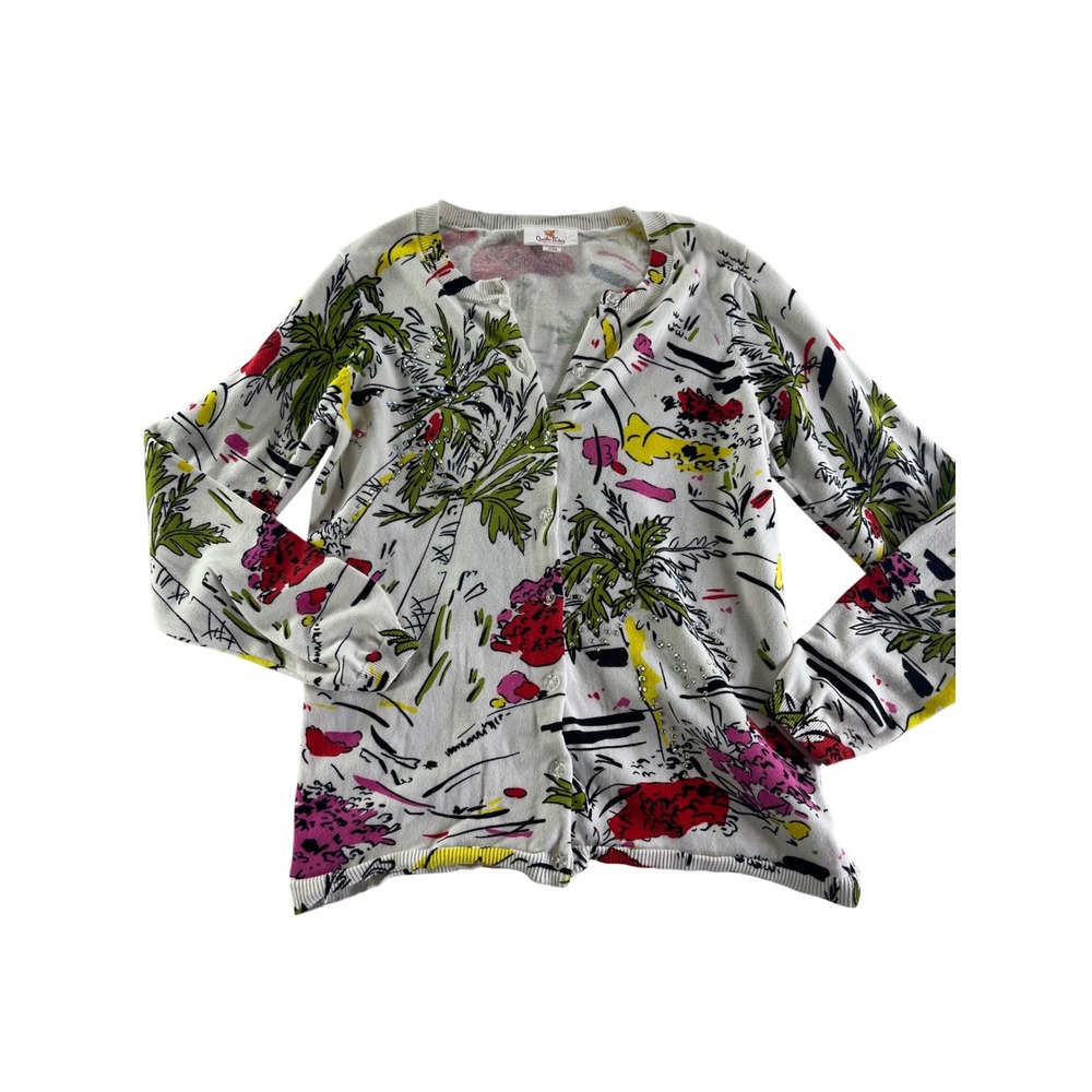 Quacker Factory XS Cardigan Palm Tree Print Rhinestone‎ Button Down Knit Top